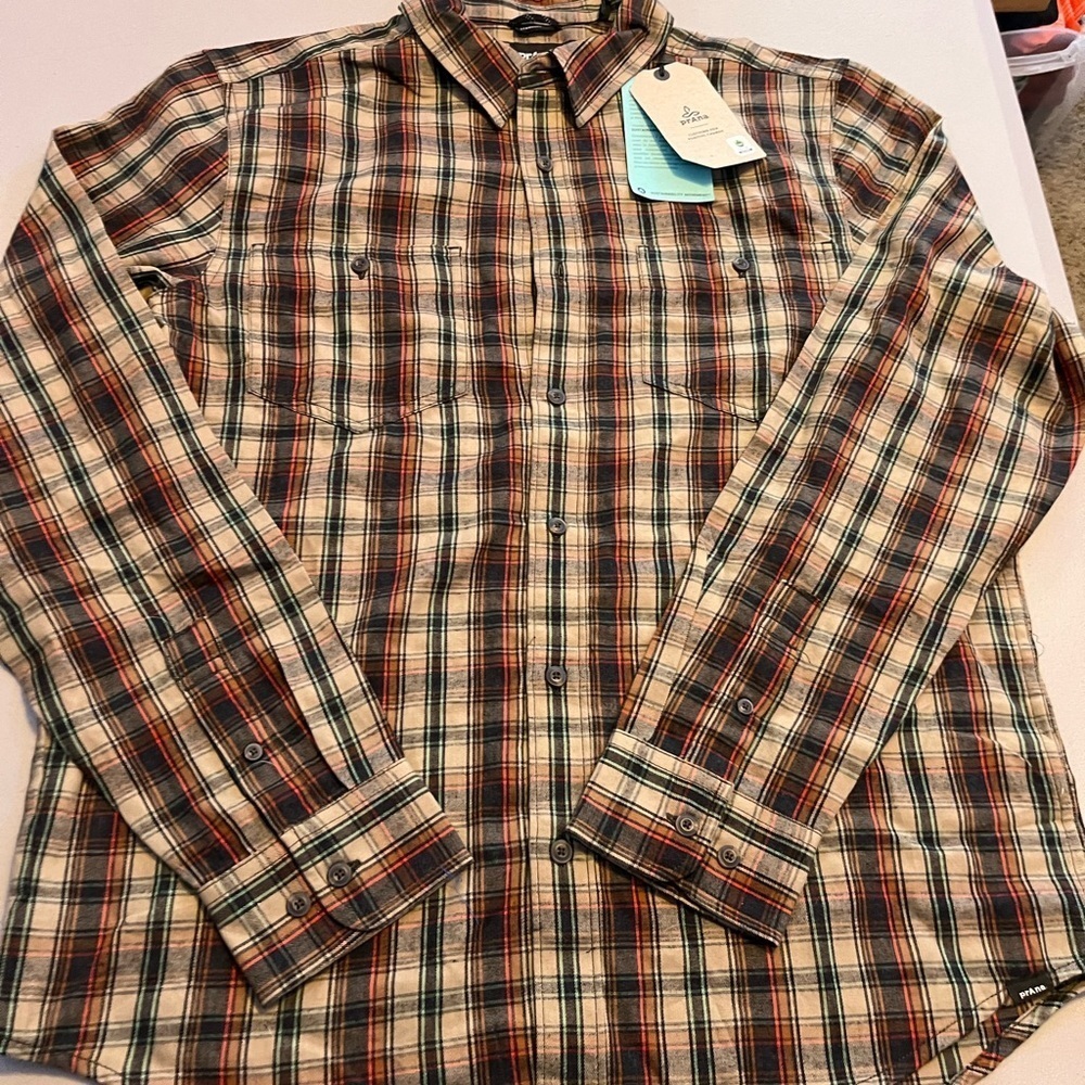 PrAna Shirt Men ST Dolberg Flannel Bronze Long Sleeve Shirt